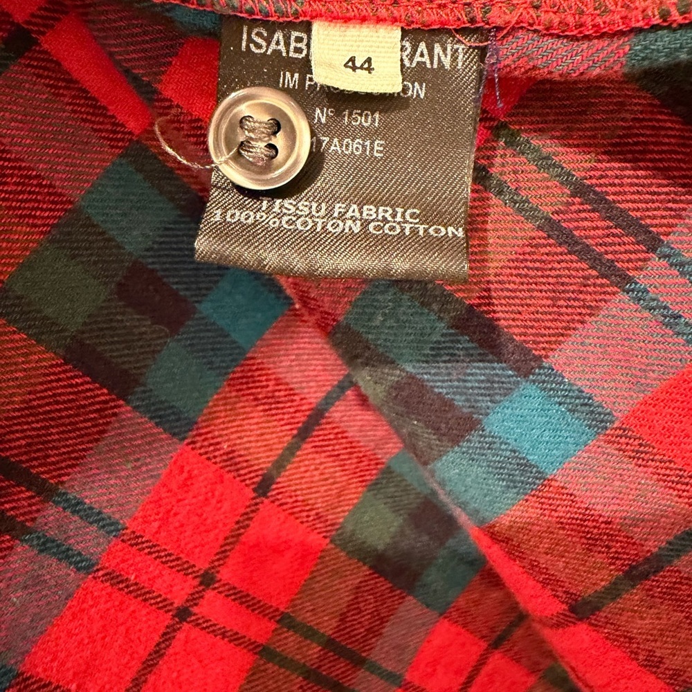 Isabel Marant Etoile Red and Green Plaid Button-Front Top with Ruffled Collar - Picture 6 of 6
